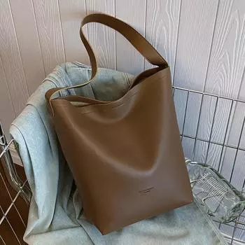 Однотонная сумка-тоут, высокая стоимость, большая вместимость, универсальная сумка через плечо, женская сумка-ведро, повседневная, простая коричневый