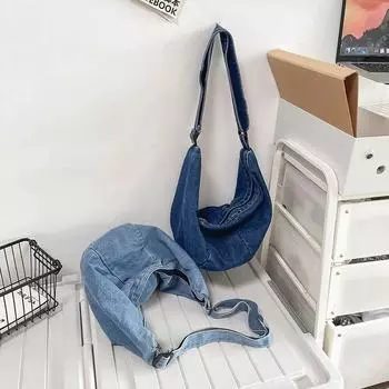 Однотонная сумка унисекс с регулируемым ремешком, джинсовая винтажная сумка через плечо на молнии, большая вместительная повседневная сумка для свиданий для женщин и мужчин темно-синий