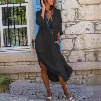 Однотонная свободная дышащая повседневная рубашка с длинными рукавами и разрезом, платье средней длины S белый