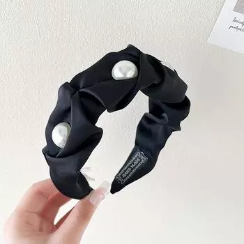 Однотонная тканевая плиссированная повязка на голову с жемчугом для женщин, корейский элегантный стиль, темпераментная, уличная мода, аксессуары для волос для девочек