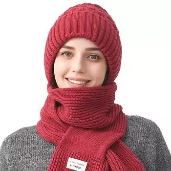 Однотонная толстая шапка-шарф, связанная вязаная шапка, женская зимняя защита ушей, теплая шапка-шарф, комплект чёрный