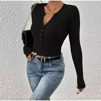 Однотонная трикотажная блузка женская сексуальная с V-образным вырезом однобортная с длинным рукавом женские пуловеры 2025 весна осень новый женский модный пуловер S чёрный