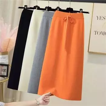 Однотонная трикотажная полуюбка с разрезом для женщин, утягивающая юбка на шнуровке в один шаг, средней длины, шерстяная юбка с запахом и высокой талией, женские топы One Size чёрный