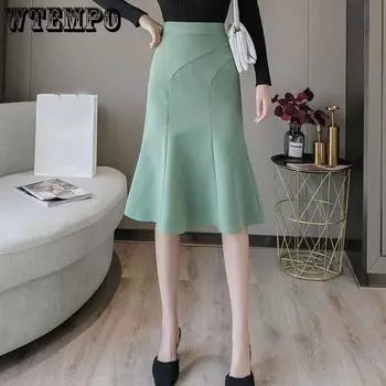 Однотонная юбка «рыбий хвост» для женщин, весенне-осенняя тонкая облегающая юбка средней длины с высокой талией, черная длинная юбка, женский костюм S чёрный