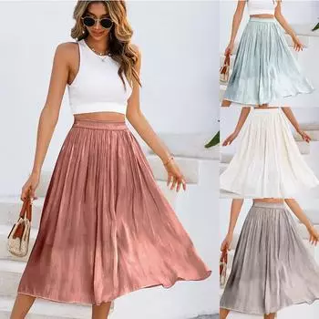Однотонная юбка с жемчужным блеском для женщин, эластичная высокая талия, большая длинная юбка, элегантная повседневная модная юбка, дышащая легкая юбка для работы и отдыха S абрикосовый