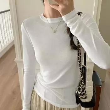 Однотонная универсальная футболка с длинными рукавами для женщин, осень, новая приталенная рубашка с круглым вырезом и внутренней частью топа и низа плеч S