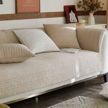 Однотонная Высокотемпературная Вываренная Винтажная Подушка для Дивана Подушка Нескользящая Хлопковая Ткань Дышащая и Простая Сейчас Чехол для Дивана Накидка Beige(Rice grain show) 70 * 70cm