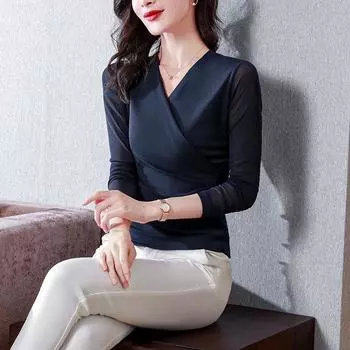 Однотонная внутренняя футболка с длинными рукавами для женщин, сетчатый топ с V-образным вырезом для мам, женская базовая рубашка, осенняя одежда, марля M чёрный