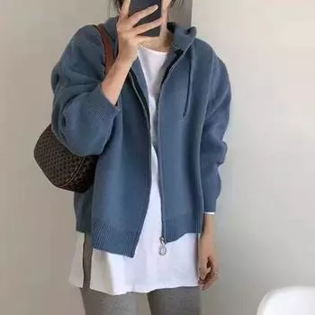 Однотонная вязаная куртка с капюшоном для женщин, корейские студенты, свободный ленивый свитер, короткие вязаные свитера One Size серый