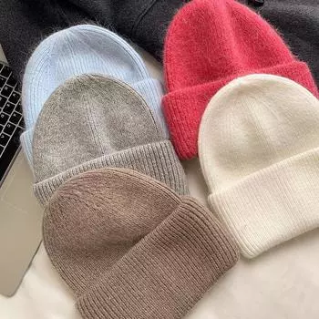Однотонная вязаная шапка из меха кролика женская осень и зима 2024 года, новая теплая шерстяная шапка с большим обхватом головы, универсальная шапка с небольшим ворсом M56-58cm белый