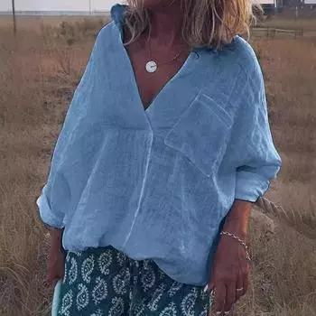 Однотонная женская блузка с длинным рукавом и V-образным вырезом S чёрный