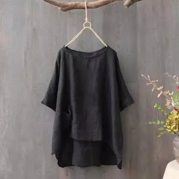 Однотонная женская футболка большого размера с низким цветным краем и высоким разрезом по бокам, пуловер с половиной рукавов, блузка XL светло-синий