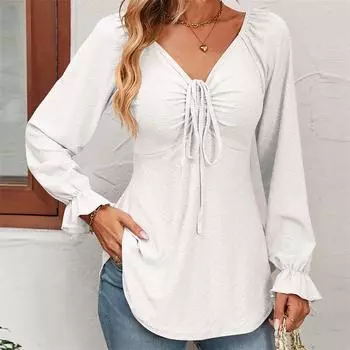 Однотонная женская футболка с длинным рукавом, V-образным вырезом, поясом и завязкой S чёрный