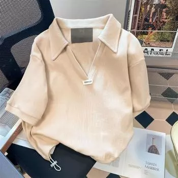 Однотонная женская футболка с v-образным вырезом и короткими рукавами, японские винтажные простые женские футболки, летние свободные повседневные универсальные топы M абрикосовый