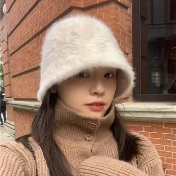 Однотонная женская кепка-ведро из искусственного меха, зимняя шапка в корейском стиле, повседневные японские шапки чёрный