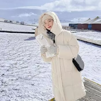 Однотонная женская куртка удлиненная 2024 осень и зима новая модная утолщенная свободная повседневная куртка с капюшоном L чёрный