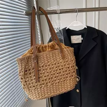 Однотонная женская пляжная сумка для отдыха в интернет-магазине, большая вместимость, красная ручная сумка из плетеной травы 28x10x21cm бежевый