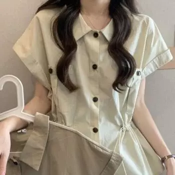 Однотонная женская рубашка с короткими рукавами и завязками, французская ретро-блузка, летняя тонкая утягивающая рубашка S