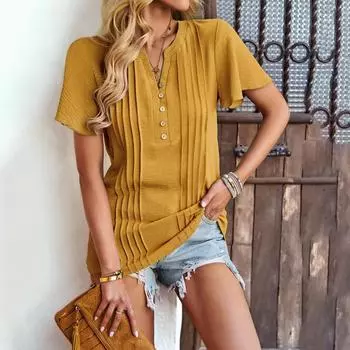 Однотонная женская рубашка с v-образным вырезом, летняя свободная повседневная блузка с короткими рукавами S белый