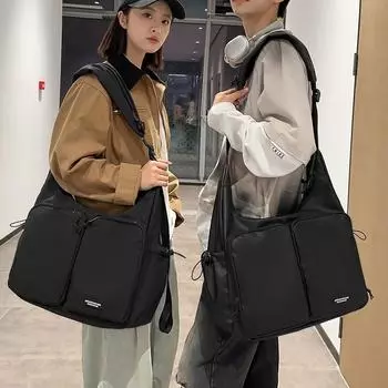 Однотонная женская школьная сумка через плечо, легкая нейлоновая сумка через плечо для поездок на работу PU чёрный