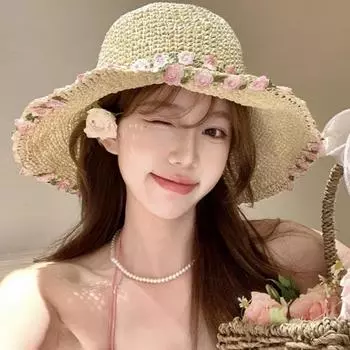 Однотонная женская шляпа-ведро с козырьком, широкополая пляжная шляпа, модная соломенная шляпа с цветком, для морского отдыха розовый/бежевый