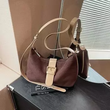 Однотонная женская сумка через плечо из искусственной замши с застежкой-молнией, контрастная пряжка, украшение, однотонная мода, горячая распродажа