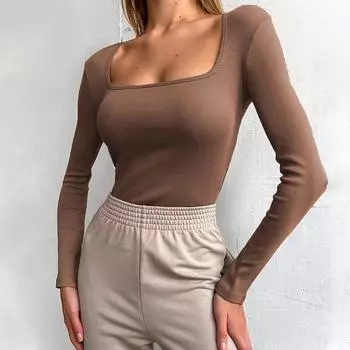 Однотонная женская тонкая футболка с длинным рукавом в рубчик, базовые универсальные футболки с квадратным воротником, женские топы S чёрный