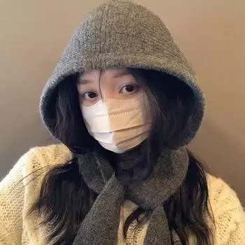 Однотонная женская вязаная теплая шапка-бини с капюшоном, цельный шарф, шапка-ушанка, осенне-зимняя балаклава серый