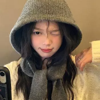 Однотонная женская вязаная теплая шапка-бини с капюшоном, цельный шарф, шапка-ушанка, осенне-зимняя балаклава серый