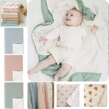 Однотонное детское одеяло из крепированной хлопковой марли, сумка для новорожденного с принтом, одеяло для комфорта, шапочка-одеяло розовый