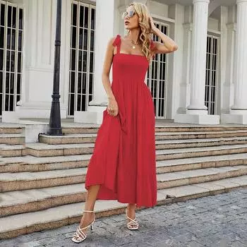 однотонное длинное платье на бретельках для женщин с квадратным вырезом и высокой талией, лоскутное платье макси без рукавов, элегантное сексуальное пляжное платье для отпуска, дышащее мягкое длинное платье S розовый