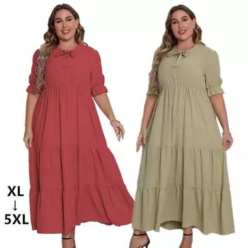 Однотонное длинное платье с круглым вырезом для женщин, с коротким рукавом, высокой талией и завязками на шее, летнее платье макси с оборками, повседневное дышащее тонкое платье для работы, отдыха, плюс платье XL красный