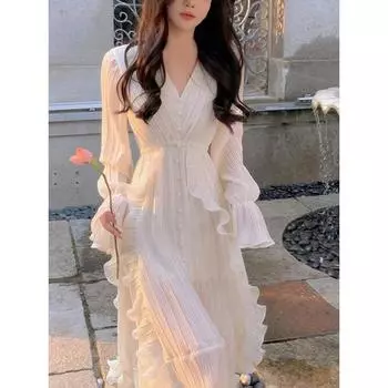 Однотонное французское элегантное платье, женское платье феи миди с длинными рукавами, повседневное летнее тонкое вечернее цельное платье S бежевый