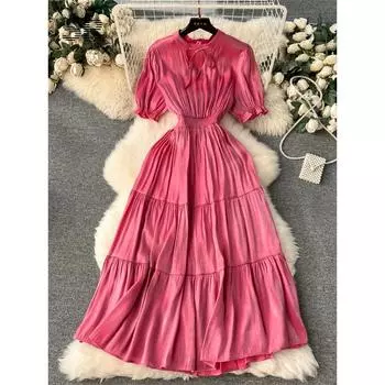 Однотонное французское длинное платье, женское платье с коротким рукавом и эластичной резинкой на талии, мода 2024, повседневные женские элегантные тонкие платья трапециевидной формы S розовый