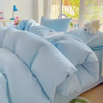 Однотонное хлопковое постельное белье Комплект 4 предмета с простыней, пододеяльником, наволочками Односпальный Двуспальный Простыня Односпальный Двуспальный Полуторный размер 1.5m Bed Fitted голубой воды
