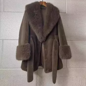 Однотонное искусственное меховое пальто средней длины для женщин, зимнее, с большим воротником из искусственного меха лисы и длинными рукавами, парки, модная верхняя одежда L слоновая кость