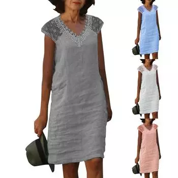 Однотонное кружевное лоскутное прямое женское платье без рукавов с v-образным вырезом XL розовый