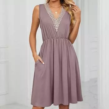 Однотонное кружевное женское летнее платье с v-образным вырезом без рукавов, офисное короткое платье с высокой талией, повседневные платья трапециевидной формы с карманами, Vestidos 26158 S тёмно-синий