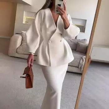 Однотонное облегающее пальто с рукавами-фонариками, длинная юбка, комплект из 2 предметов для женщин с V-образным вырезом, однотонный топ на пуговицах, прямые юбки, элегантный женский наряд S белый