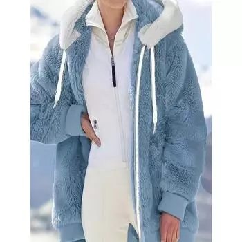 Однотонное пальто с капюшоном на завязках, повседневное пальто с длинным рукавом на молнии для осени и зимы, женская одежда S павлин голубой