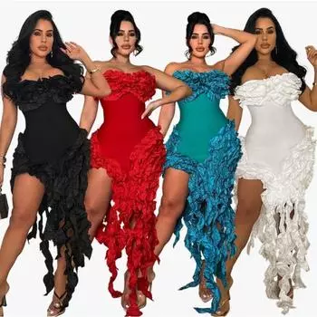 Однотонное платье без бретелек, сексуальное и нестандартное платье с высоким разрезом и кисточками для женщин S белый