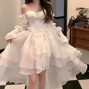 Однотонное платье феи миди, женское белое элегантное вечернее платье, пляжное 2023, летнее повседневное модное платье с длинными рукавами в корейском стиле S белый