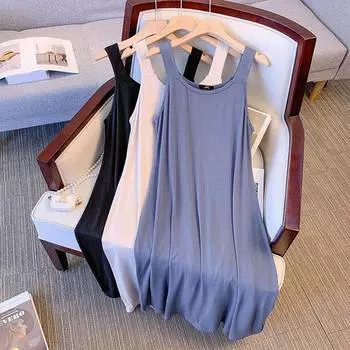 Однотонное платье из ледяного шелка для женщин с круглым вырезом без рукавов и высокой талией, длинное платье трапециевидной формы в стиле пэчворк, повседневное простое дышащее легкое платье для отдыха плюс M чёрный