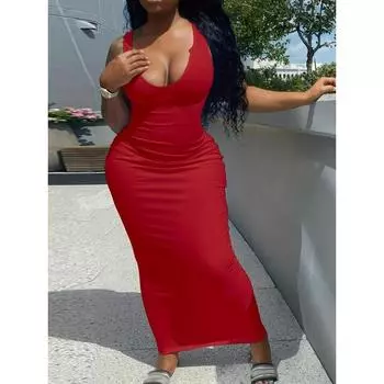 Однотонное платье-майка с вырезом на шее, повседневное облегающее платье без рукавов на весну и лето, женская одежда L чёрный