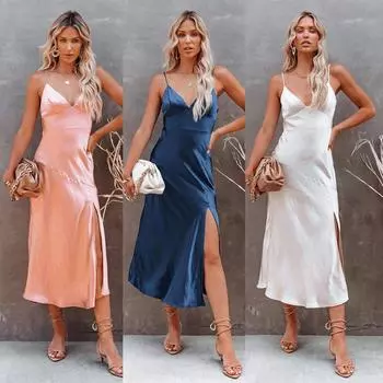Однотонное платье макси с разрезом по бокам, женские плиссированные женские платья на бретельках, летняя элегантная вечерняя женская одежда S розовый
