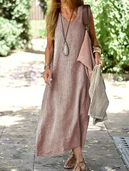 Однотонное платье макси с V-образным вырезом, повседневное свободное платье без рукавов для лета и весны, женская одежда S синий