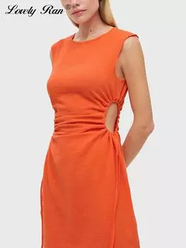 Однотонное платье миди с вырезом по бокам, женское летнее плиссированное платье без рукавов, женское тонкое женское платье с круглым вырезом, Vestidos S оранжевый