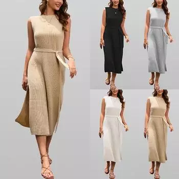 Однотонное платье с круглым вырезом и поясом с баской, джерси XL чёрный