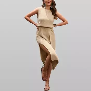 Однотонное платье с круглым вырезом и поясом с баской, джерси XL чёрный