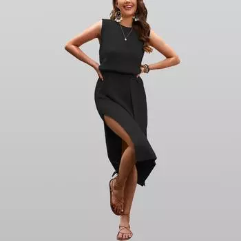 Однотонное платье с круглым вырезом и поясом с баской, джерси XL чёрный